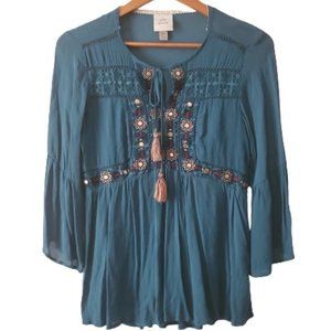 Knox Rose Womens XS Boho Top Lg Bell Sleeve Embroidered W/ Tassels Blue Green